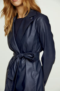 Navy Faux Leather Jacket with Belt