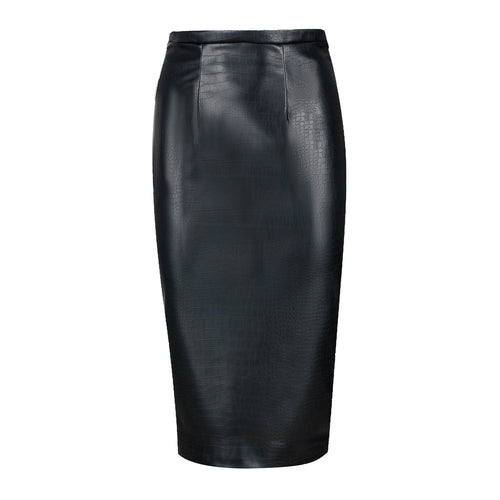 Black Faux Croc Leather High Waist Pencil Skirt