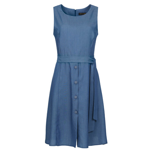 Sleeveless Dress with Belt and Button Detail