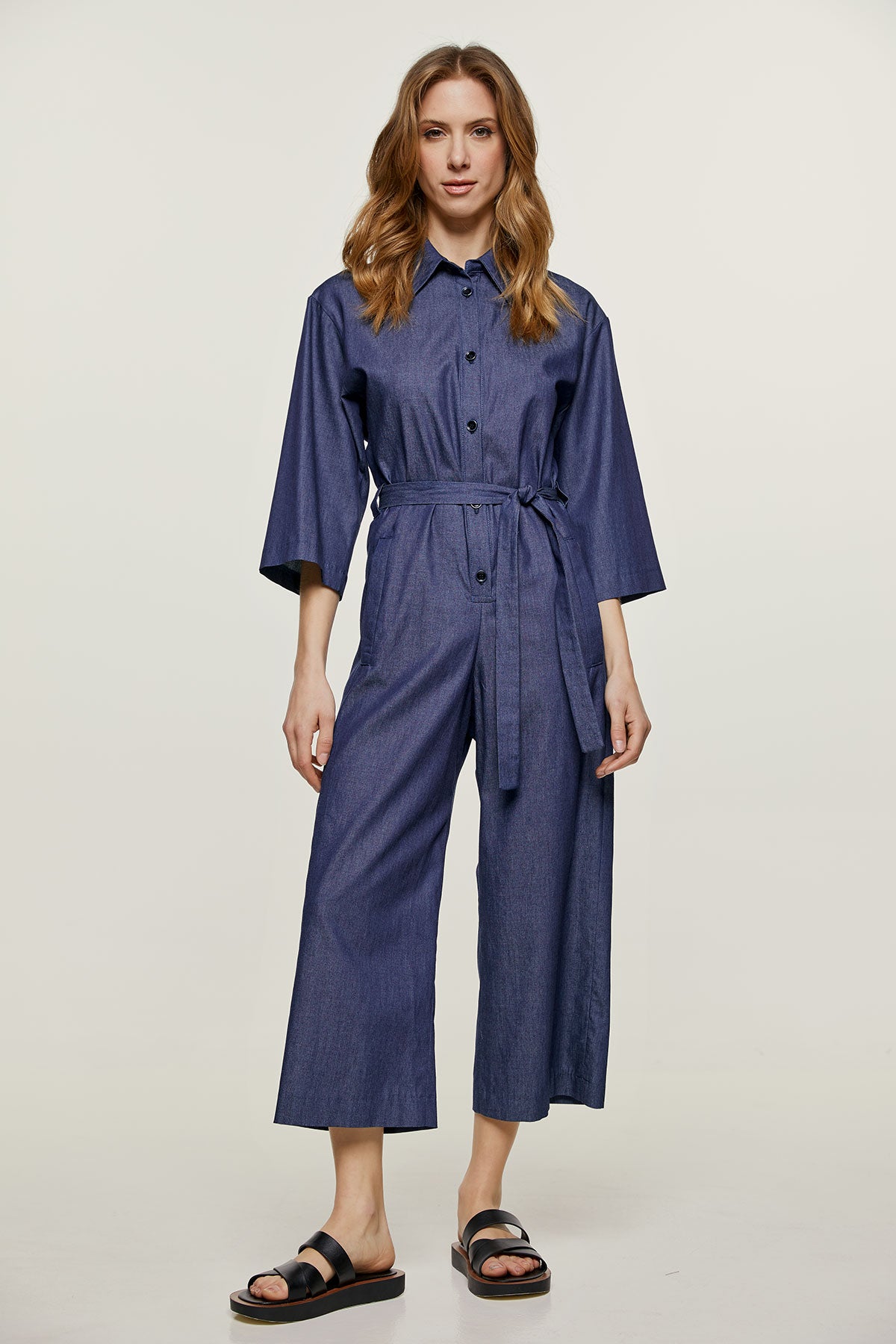 Conquista Ολόσωμη Φόρμα Cropped Casual Με Κουμπιά Γιακάς Πουκαμίσου Με Ζώνη Μονόχρωμη Βαμβάκι Denim Μπλε C220-281-18