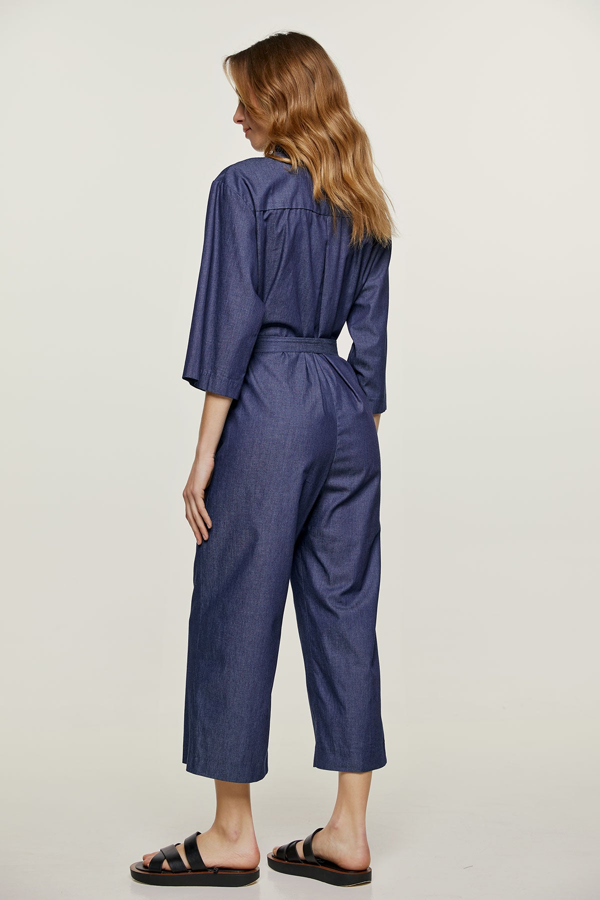 Conquista Ολόσωμη Φόρμα Cropped Casual Με Κουμπιά Γιακάς Πουκαμίσου Με Ζώνη Μονόχρωμη Βαμβάκι Denim Μπλε C220-281-18