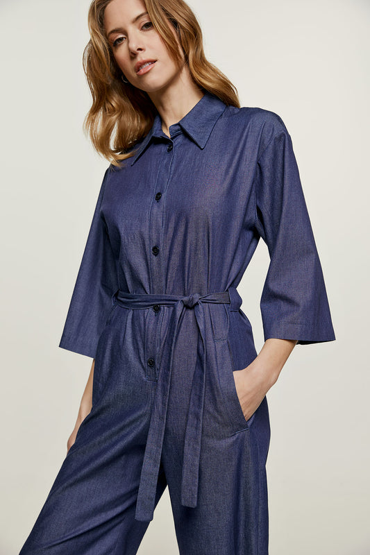 Conquista Ολόσωμη Φόρμα Cropped Casual Με Κουμπιά Γιακάς Πουκαμίσου Με Ζώνη Μονόχρωμη Βαμβάκι Denim Μπλε C220-281-18