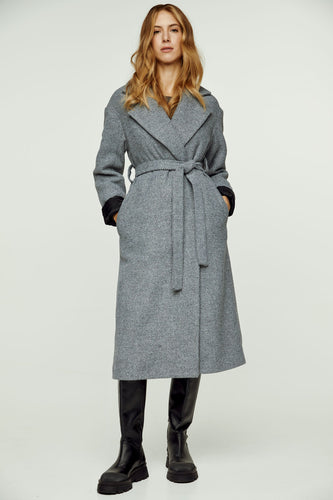 Woven Grey Melange Wool Winter Coat with Shawl Collar and Elegant Belt