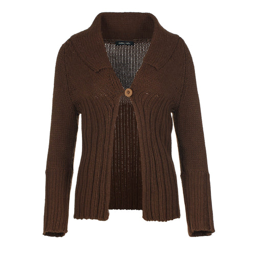 Brown Fitted Knit Cardigan with One Button Fastening