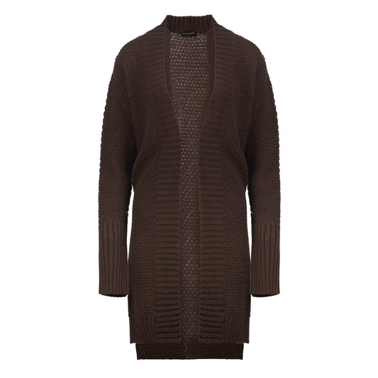 Under The Knee Length Open Front Brown Knit Cardigan