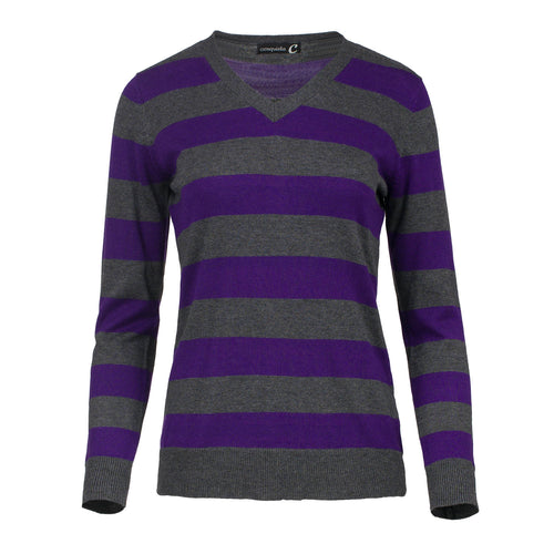 Fitted Long Sleeve V Neck Striped Knit Jumper