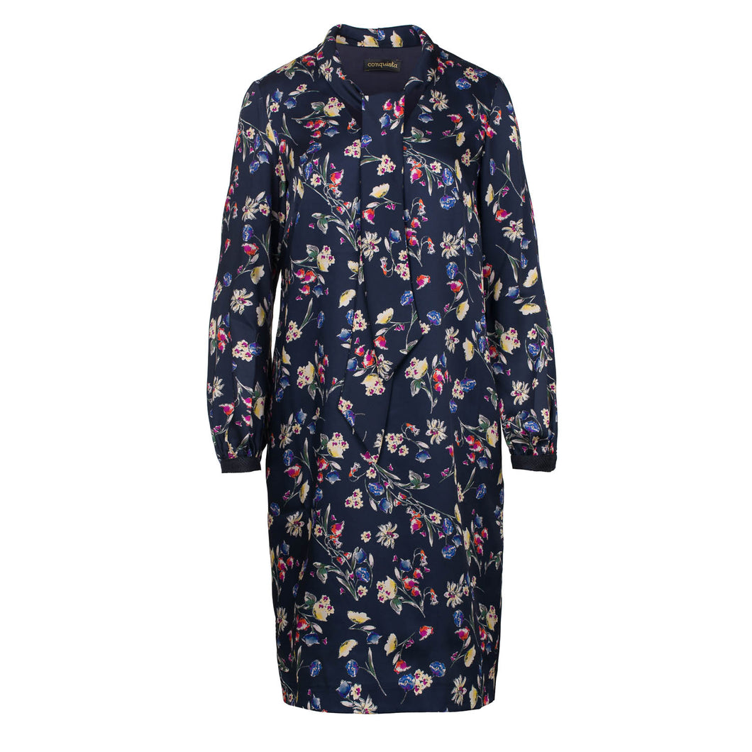 Floral Print Long Sleeve Dress with Tie Collar