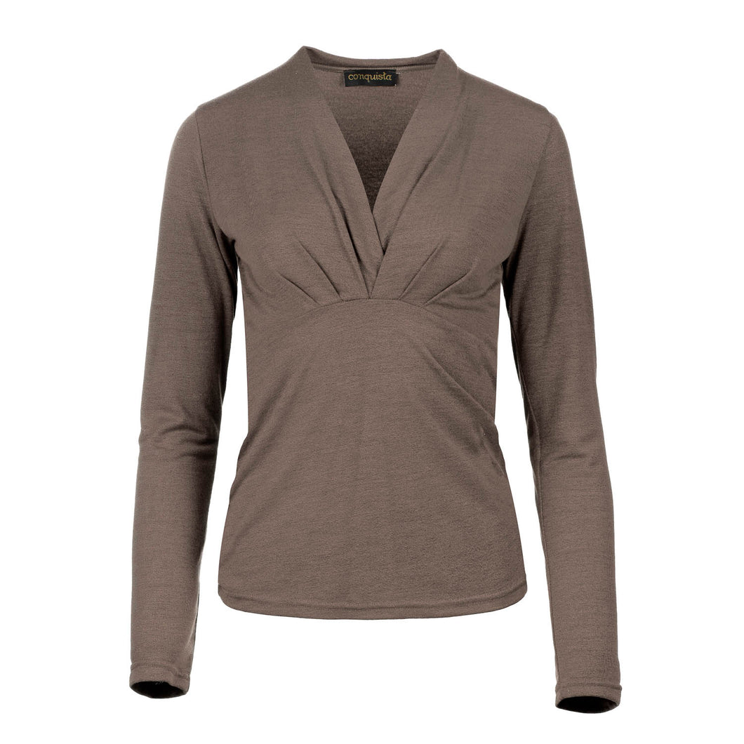 Iron-Taupe Mélange Long Sleeve Faux Wrap Jersey Top