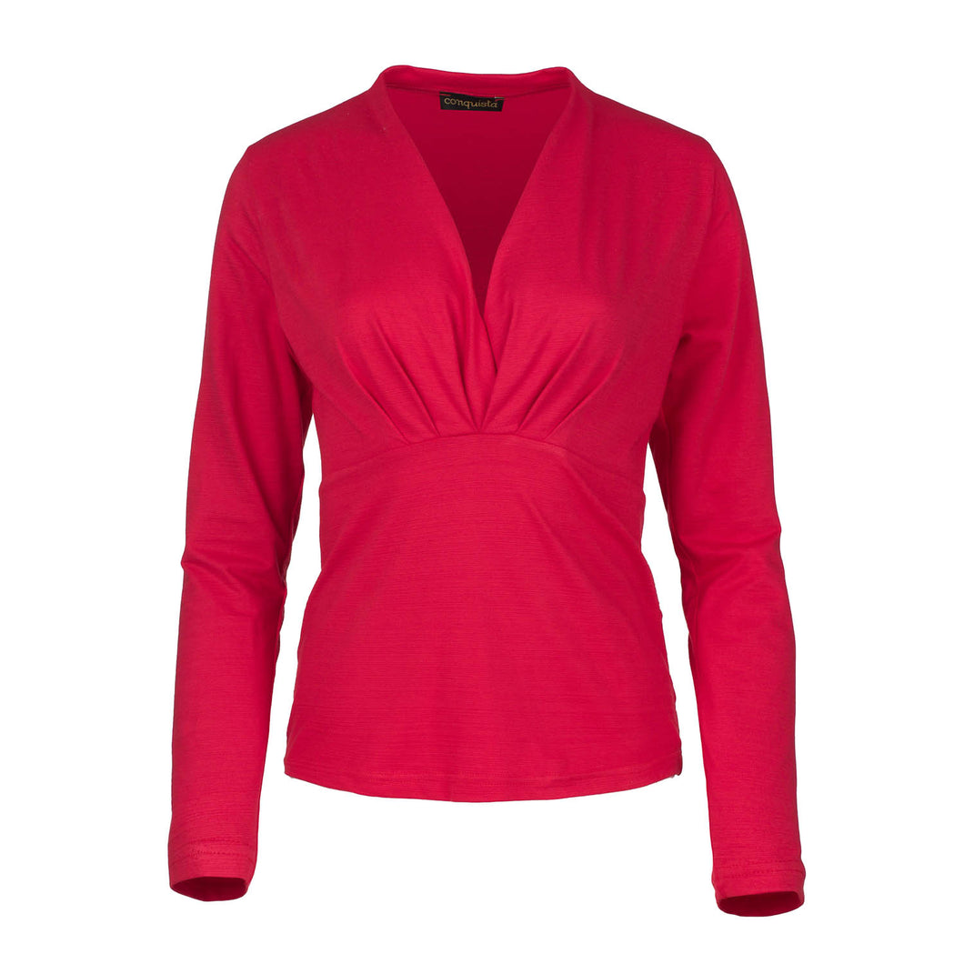 Light Red Long Sleeve Faux Wrap Top in Stretch Viscose Jersey