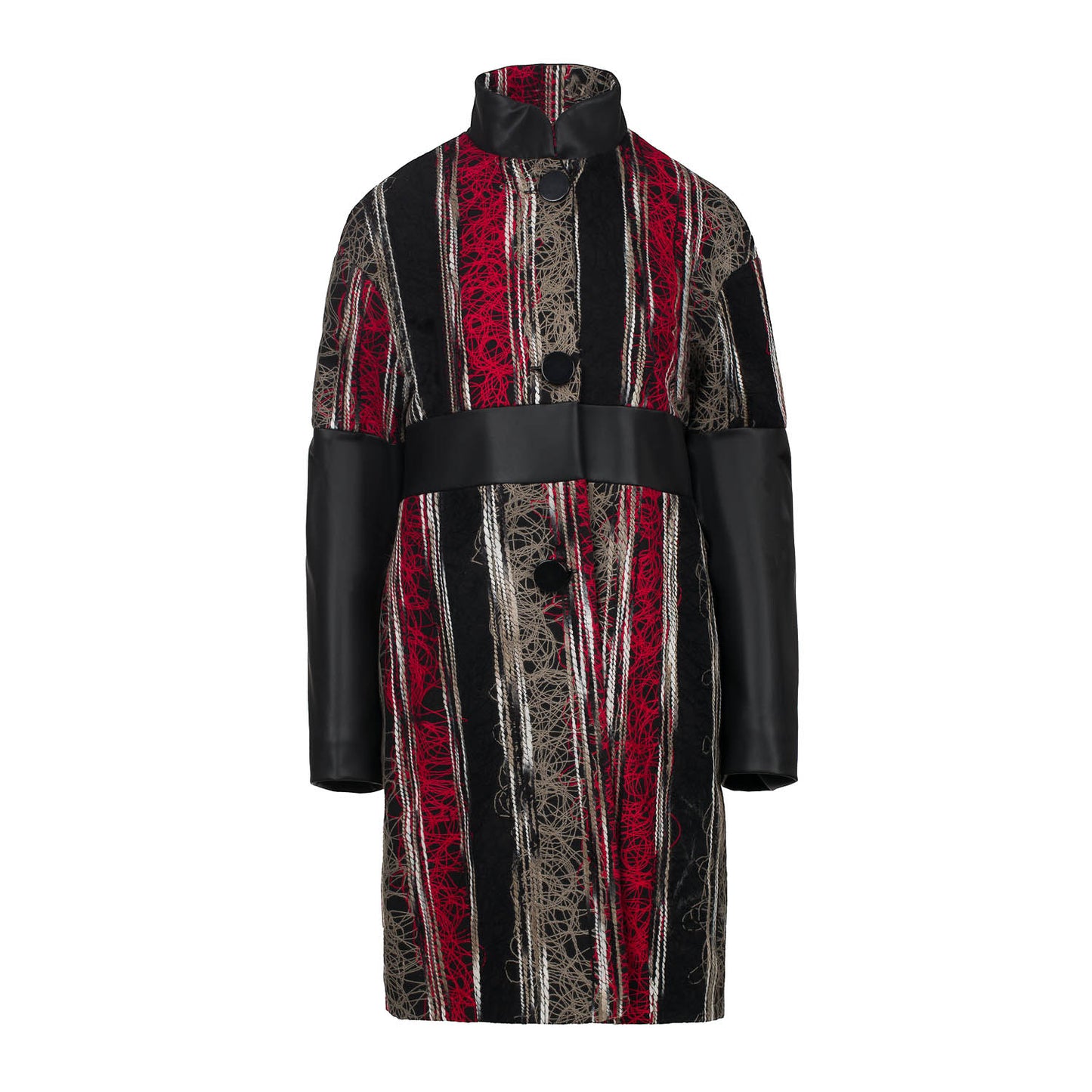 Red Wool Coat with Black Faux Leather Detail
