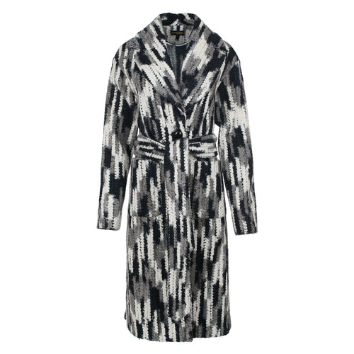 Long Wool Blend Jacquard Style Coat in Neutral Shades with Belt