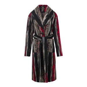 Multicoloured Long Wool Blend Jacquard Style Coat with Belt