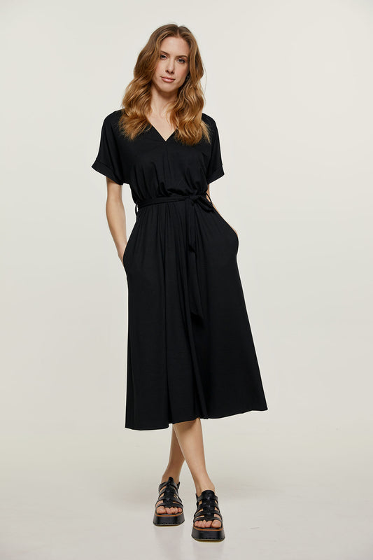 Black Jersey Belted Midi Dress