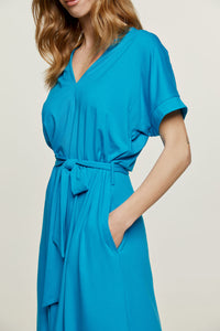 Turquoise Jersey Belted Midi Dress
