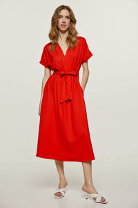 Red Belted Midi Dress