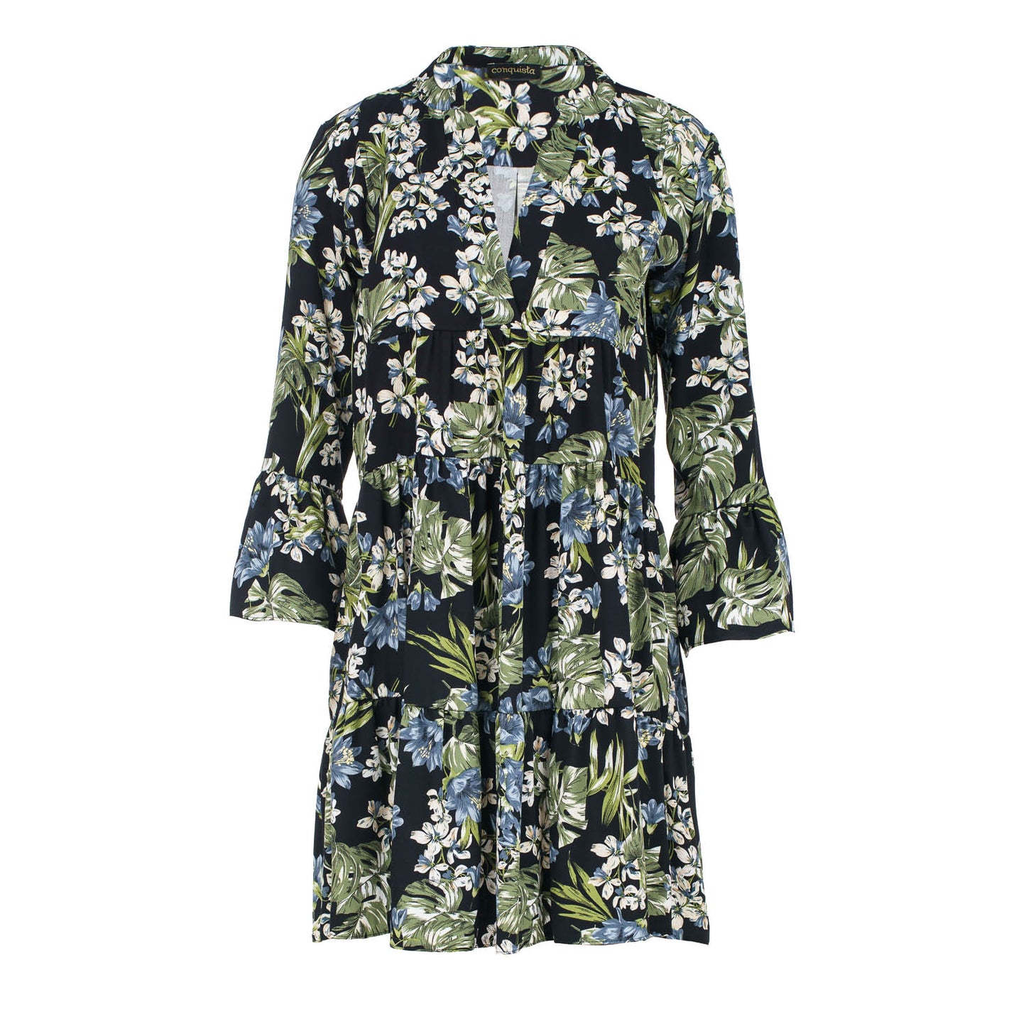 Conquista Φόρεμα Mini Casual Με Βολάν Μακρυμάνικο Floral Μαύρο C221-085-00