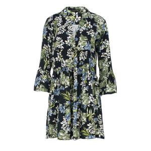 Khaki, Ecru and Blue Floral Dress with Bell Sleeves