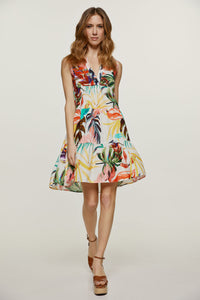 Ecru Leaf Print Sleeveless Dress