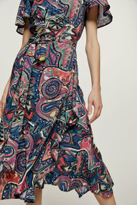 Print Ruffle Detail Wrap Dress