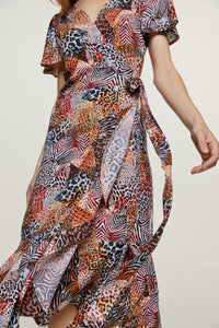Orange Animal Print Ruffle Detail Wrap Dress