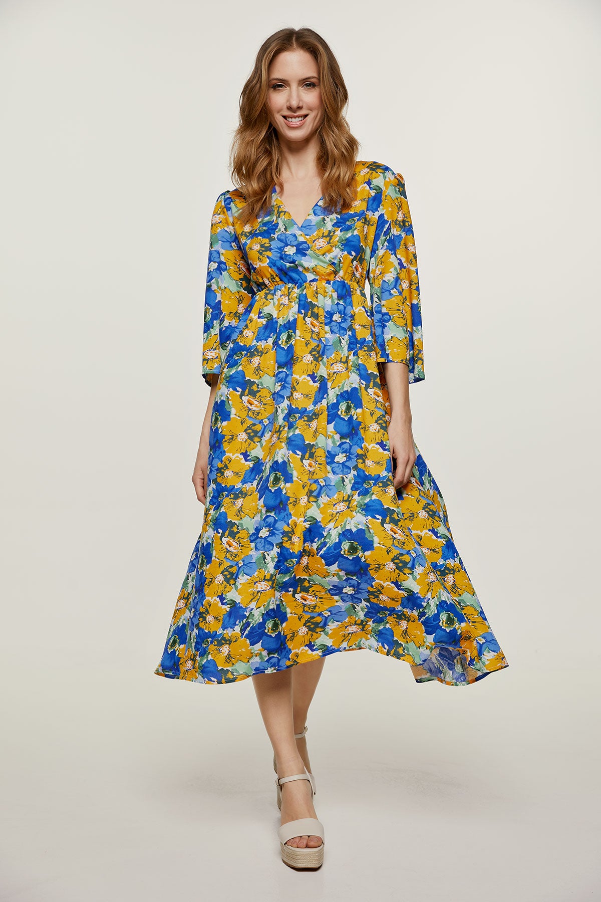 Conquista Φόρεμα Midi Casual Κρουαζέ V-Λαιμόκοψη Με Βολάν Floral Μπλε C221-096-06