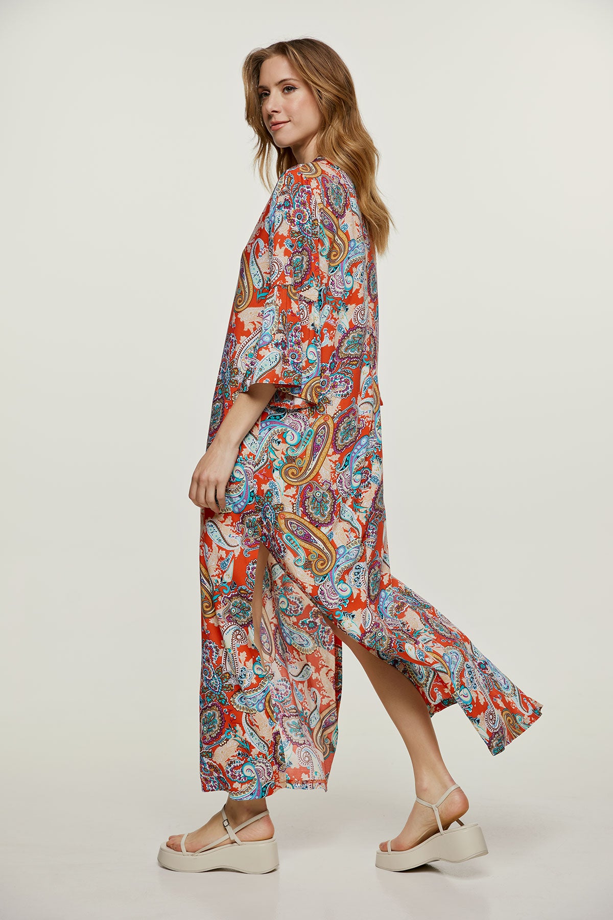 Conquista Φόρεμα Maxi Casual V-Λαιμόκοψη Με Σκίσιμο Εμπριμέ Πορτοκαλί C221-112-81