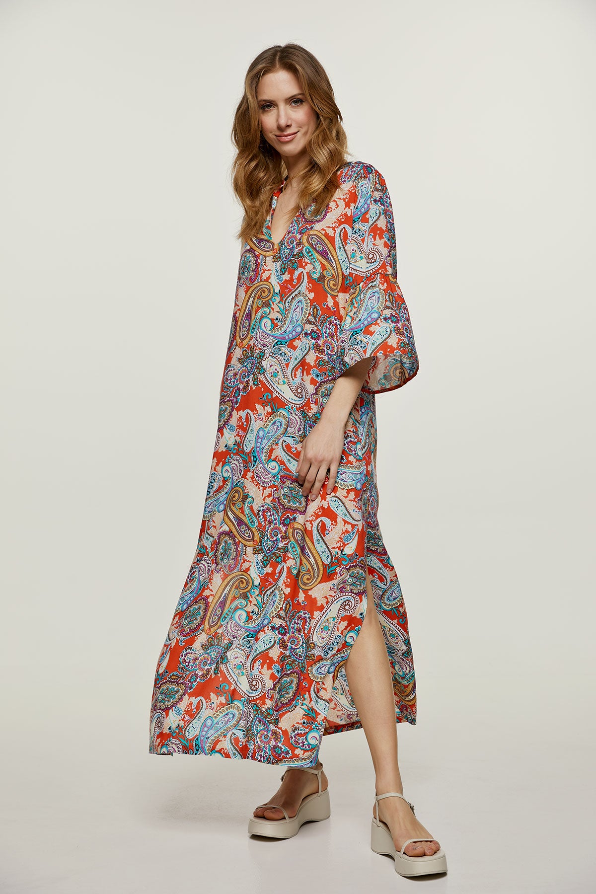 Conquista Φόρεμα Maxi Casual V-Λαιμόκοψη Με Σκίσιμο Εμπριμέ Πορτοκαλί C221-112-81