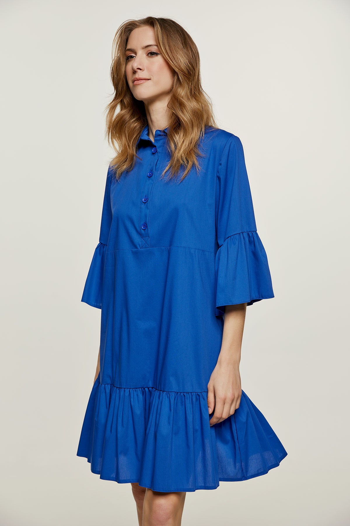 Royal Blue Bell Sleeve Dress with Ruffle Hem