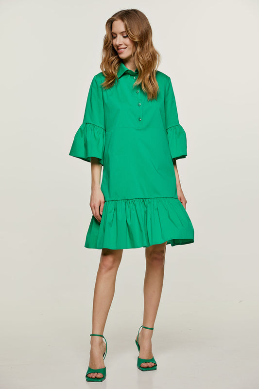 Green Bell Sleeve Dress with Ruffle Hem
