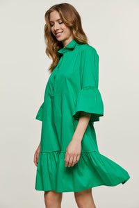Green Bell Sleeve Dress with Ruffle Hem