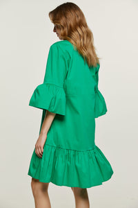 Green Bell Sleeve Dress with Ruffle Hem