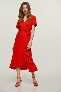 Red Ruffle Detail Wrap Dress