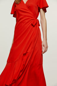 Red Ruffle Detail Wrap Dress