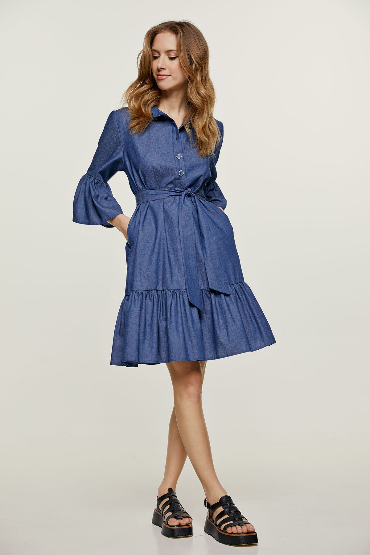 Denim Bell Sleeve Dress with Ruffle Hem – Conquista