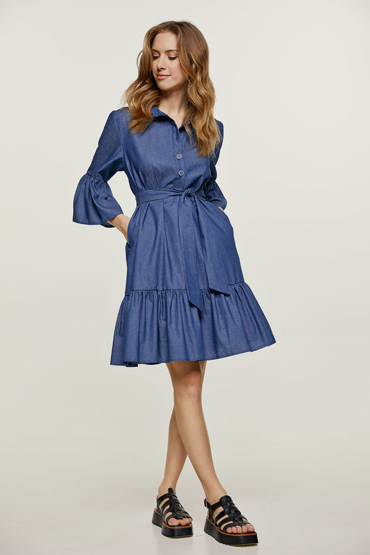 Denim Bell Sleeve Dress with Ruffle Hem