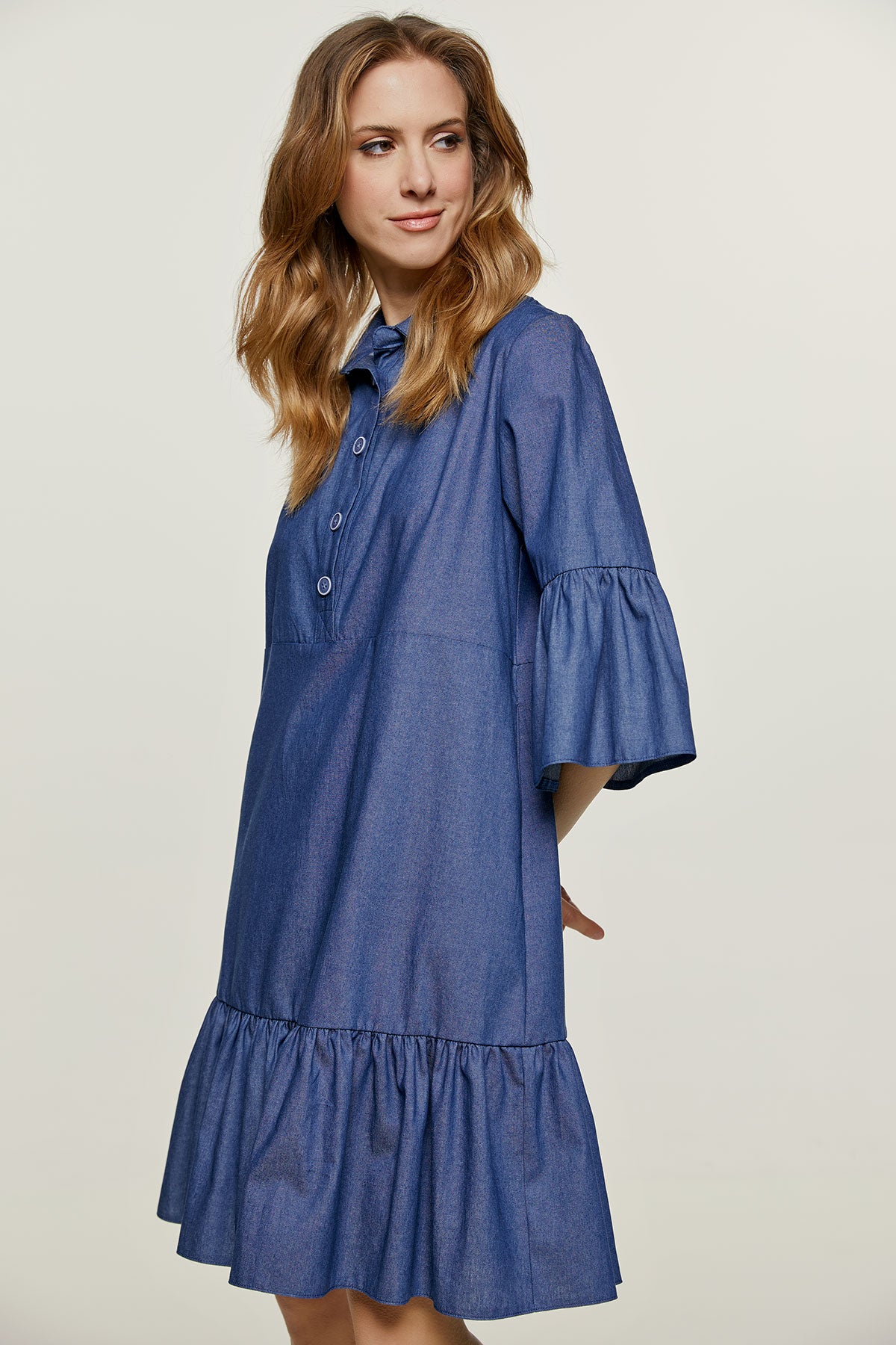 Denim Bell Sleeve Dress with Ruffle Hem