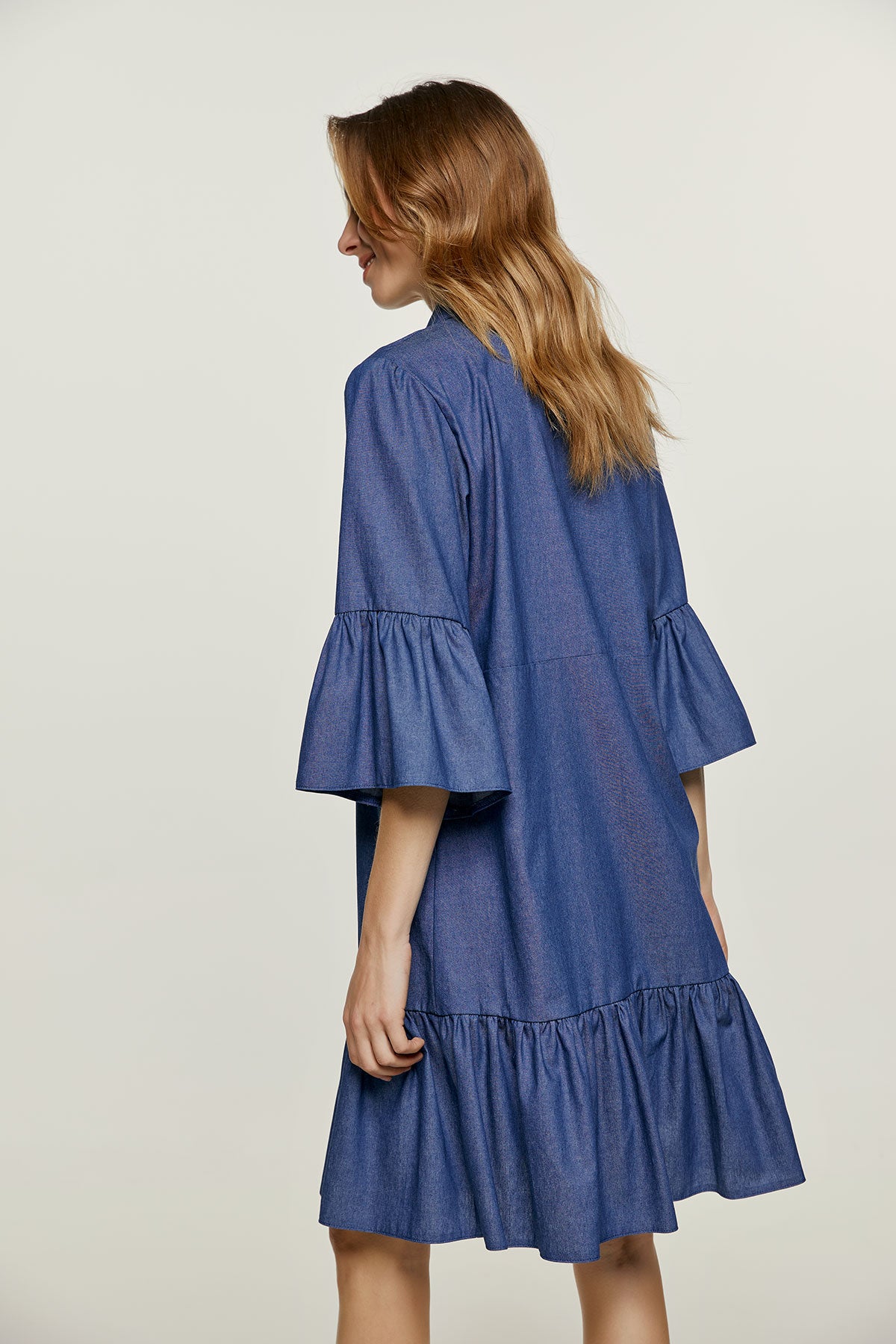 Denim Bell Sleeve Dress with Ruffle Hem