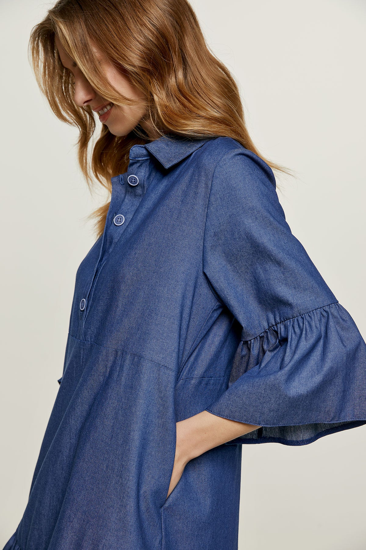Denim Bell Sleeve Dress with Ruffle Hem