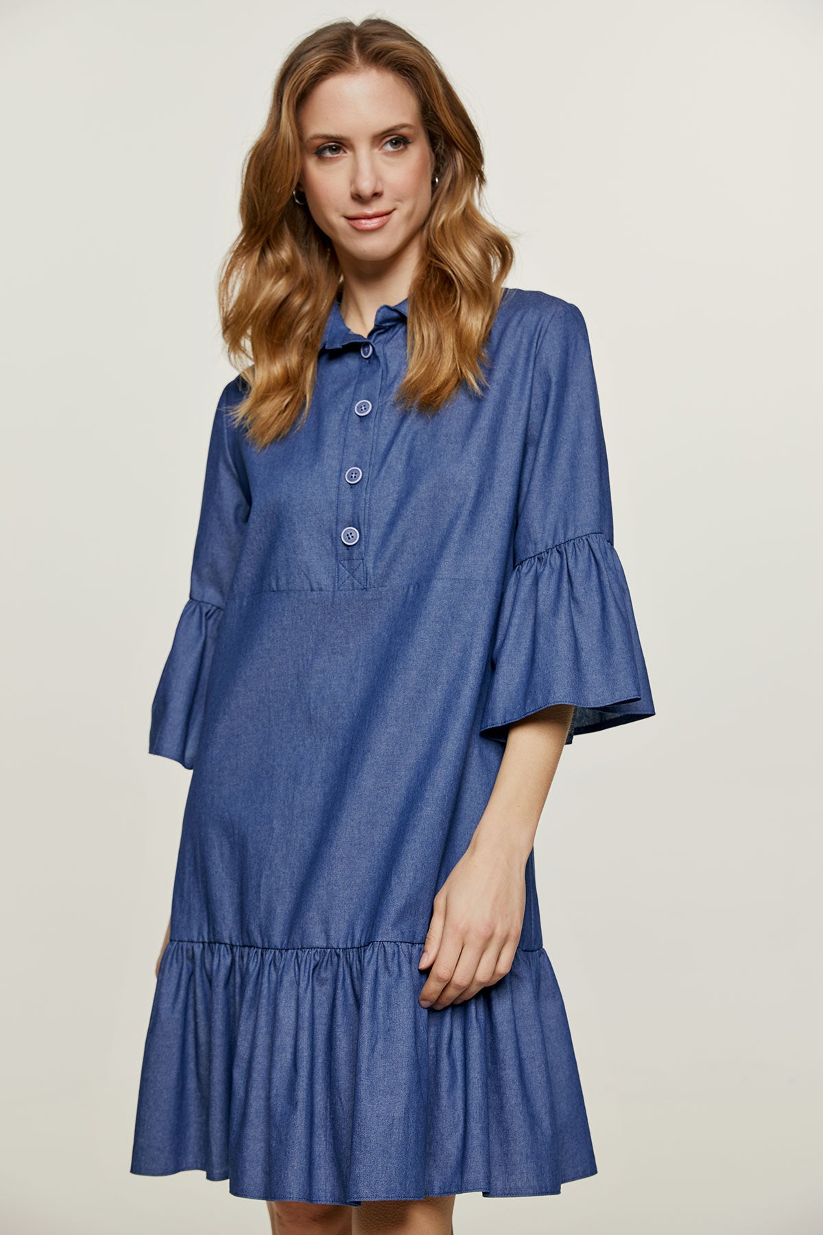 Denim Bell Sleeve Dress with Ruffle Hem