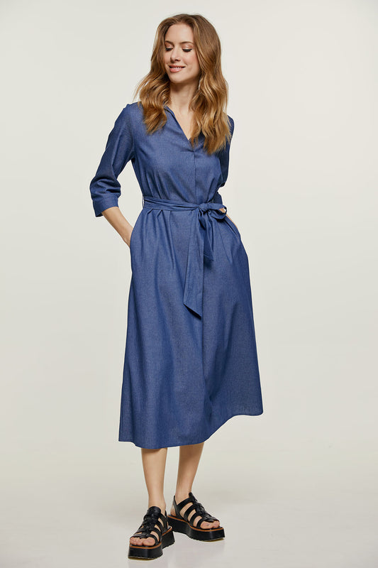 Sky Blue Midi Dress with Belt