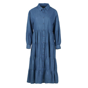 Cotton Denim Long Sleeve Tiered Dress with Buttons