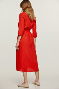 Red Linen Style Midi Dress with Belt