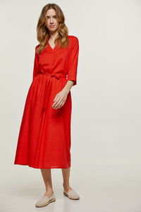 Red Linen Style Midi Dress with Belt