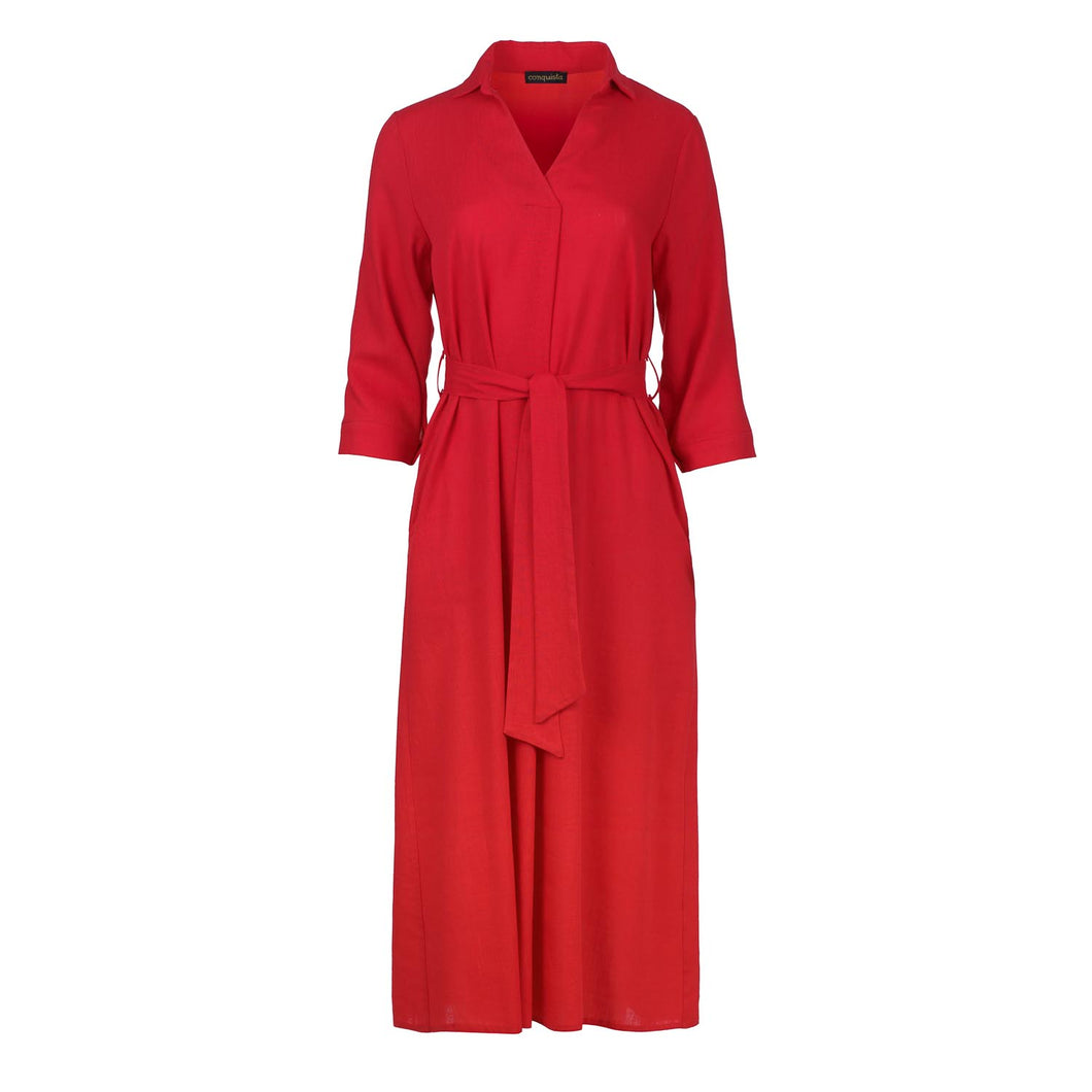 Red Linen Style Midi Dress with Belt