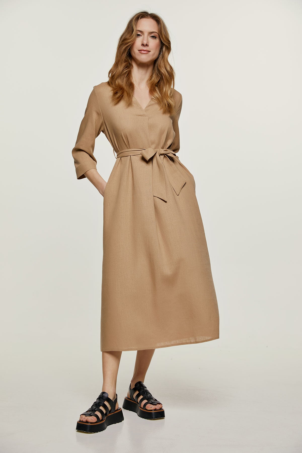 Beige Linen Style Midi Dress with Belt – Conquista