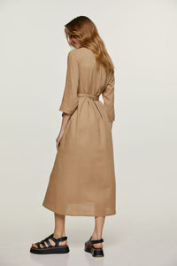 Beige Linen Style Midi Dress with Belt