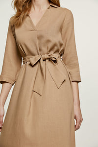 Beige Linen Style Midi Dress with Belt
