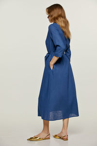 Blue Linen Style Midi Dress with Belt