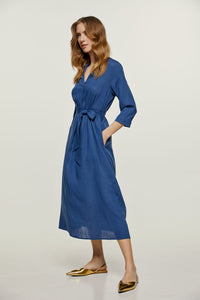 Blue Linen Style Midi Dress with Belt