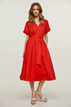 Load image into Gallery viewer, Red Linen Style Belted Midi Dress